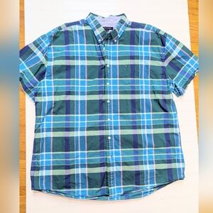 Tommy Hilfiger Blue Plaid Classic Fit Short Sleeves Button Down Shirt